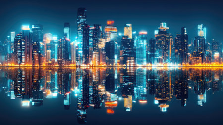 Stunning nighttime cityscape showcasing luminous skyscrapers reflecting on calm water, creating a mesmerizing urban scene perfect for travel and architecture themes.の素材