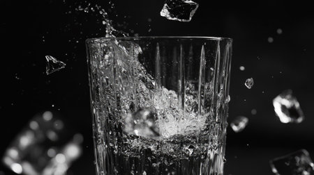 A captivating black and white image of water splashing into a glass filled with ice cubes. The dynamic motion captures the refreshing essence of the drink.の素材