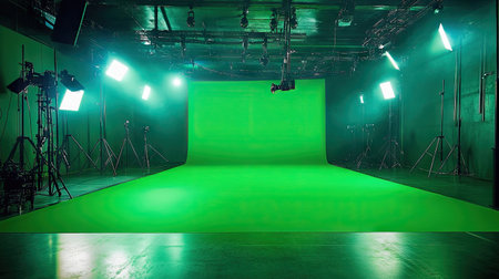 A spacious green screen studio with bright lighting, perfect for video and photography projects. Ideal for creative productions and visual storytelling.の素材