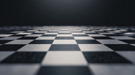 A striking perspective of a checkerboard floor featuring black and white tiles. The clean lines and geometric patterns create a dramatic visual effect.の素材