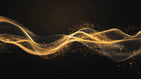 A stunning abstract design featuring glowing gold waves intertwined with sparkling particles. Perfect for backgrounds, celebratory themes, or luxury concepts.の素材