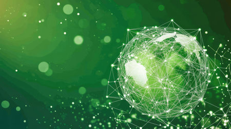 This abstract image features a globe interconnected by digital lines, set against a vibrant green background. It symbolizes global communication and innovation.の素材
