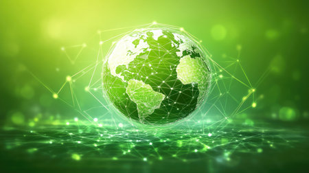 A vibrant green globe network illustrating global connections and modern technology. Perfect for themes of sustainability, environment, and innovation.の素材