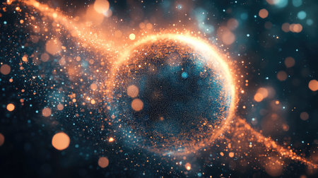 This stunning abstract image features a glowing sphere surrounded by colorful particles. Ideal for science, technology, or artistic themes.の素材