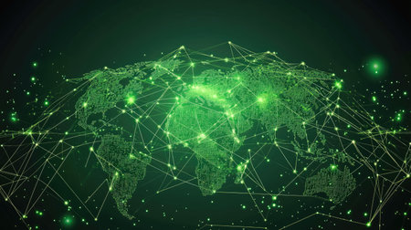 This abstract illustration depicts a glowing green network across a world map, symbolizing global connectivity and the flow of digital information.の素材