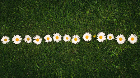 Top view of a daisy chain lying on green grass in a playful arrangement.の素材
