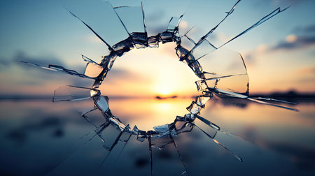 A mesmerizing view of a sunset framed by shattered glass, capturing the serene beauty of nature and the dramatic contrast of light and color.の素材