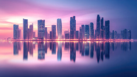 A stunning city skyline captured at twilight, reflecting beautifully in calm waters. The colorful sky enhances the modern architecture for a serene ambiance.の素材