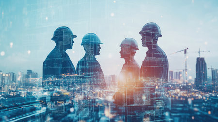 team engineer building construction project with architect people or construction worker working with modern civil equipment technology, double exposure graphic design. Building engineer,の素材