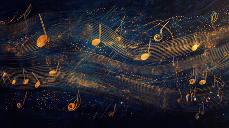 A stunning abstract artwork featuring glowing gold music notes flowing across a rich blue background. Perfect for music enthusiasts and art lovers alike.の素材
