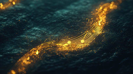 This captivating image features glowing golden musical notes curving gracefully through an abstract, textured background, evoking a sense of harmony and creativity.の素材