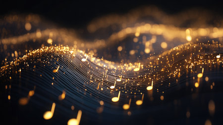 This stunning image captures a flowing melody represented by golden musical notes against a dark backdrop, creating a mesmerizing and vibrant visual experience.の素材