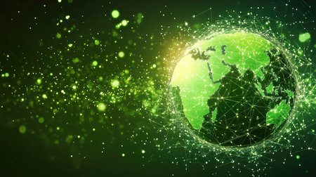 A futuristic green representation of Earth featuring intricate connective lines and glowing elements, symbolizing global connectivity and digital innovation.の素材