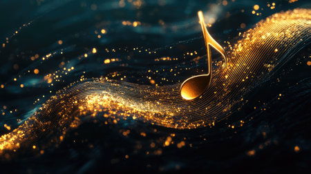 A stunning golden music note rises against a fluid wave backdrop, capturing the essence of sound and movement. Perfect for artistic and creative projects.の素材