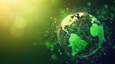 This vibrant image showcases a glowing green planet Earth with intricate web-like connections, illustrating the synergy between nature and technology in a modern design.の素材