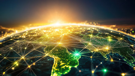 A stunning visualization of Earth glowing with network connections, capturing the beauty of our planet with a web of lights and data. Perfect for technology and environmental themes.の素材