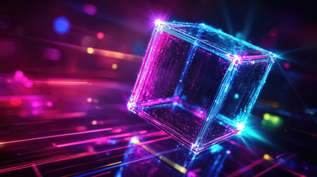 Explore a vibrant digital scene featuring a glowing cube intertwined with colorful light trails. Ideal for design projects showcasing energy and creativity.の素材