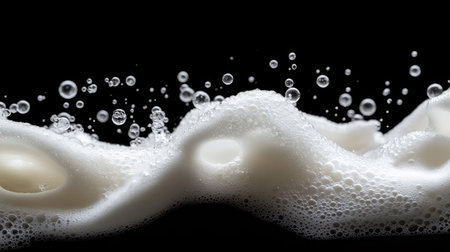 Isolated white foam with bubbles against a black background, creating a fresh and clean aesthetic ideal for designs related to purity and nature.の素材