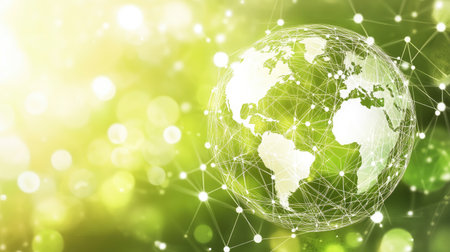 A vibrant, futuristic globe interconnected by lines, set against a lush green background. This illustration symbolizes global connectivity and innovation in technology.の素材