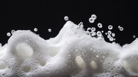 An artistic, close-up view of white foam gel showcasing air bubbles isolated against a black background, highlighting texture and fluid dynamics.の素材