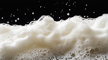 This image features an isolated white foam gel against a black background, highlighting the texture and dynamic nature of the bubbles and waves. Perfect for artistic projects.の素材