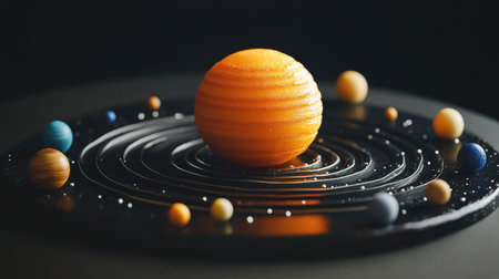 Artistic representation of a solar system model featuring vibrant planets in orbit, ideal for educational purposes, astronomy visuals, and creative explorations.の素材