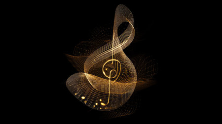 This stunning image features a golden treble clef intertwined with musical notes, showcasing a modern and elegant artistic design. Perfect for music-related projects.の素材