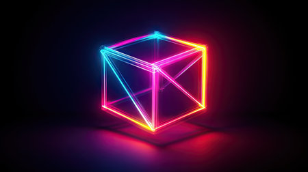 Vibrant neon laser lines intersect to form a captivating cube against a dark background. This striking design showcases modern digital artistry and creative expression.の素材
