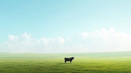 A solitary cow stands in a lush green meadow under a clear blue sky, surrounded by gentle hills and clouds, evoking a sense of tranquility and natural beauty.の素材