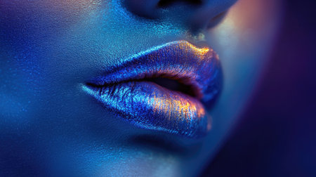 A stunning close-up of lips featuring a vibrant blue and purple gradient, enhanced by glossy textures and artistic lighting for a captivating visual impact.の素材