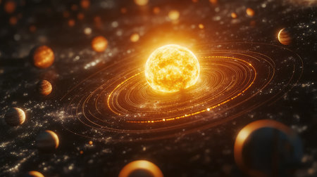 Explore a stunning visualization of a solar system model featuring planets in orbit around a radiant star, showcasing the beauty of cosmic dynamics.の素材