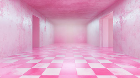 Explore a surreal interior space featuring a vibrant pink checkered floor and textured walls. This minimalistic setting offers a unique aesthetic and calming atmosphere, perfect for creative projects.の素材