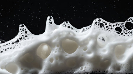 This captivating image showcases a detailed view of textured white foam with bubbles on a black background, highlighting fluidity and contrast in an artistic manner.の素材