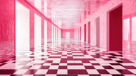 This surreal pink interior features a striking checkered floor and reflections, creating a vibrant and artistic atmosphere perfect for modern decor.の素材
