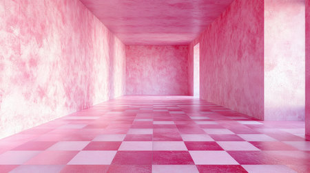 Experience a unique interior space featuring an abstract pink environment with a checkerboard floor, blending modern design elements and surreal atmosphere.の素材