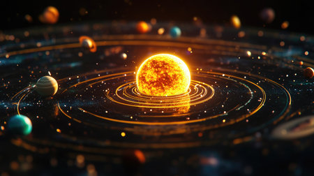 Explore a stunning solar system model featuring the sun and planets in orbit. This vibrant visual captures the essence of space and celestial dynamics.の素材