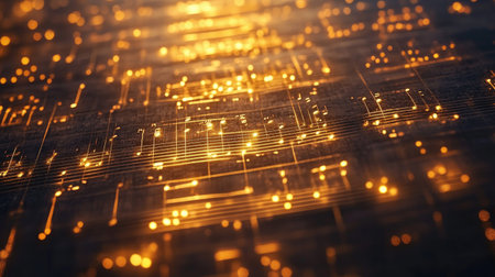 This stunning abstract design showcases a golden melody music sheet, featuring intricate lines and glowing elements that evoke a sense of harmony and rhythm. Perfect for creative projects.の素材