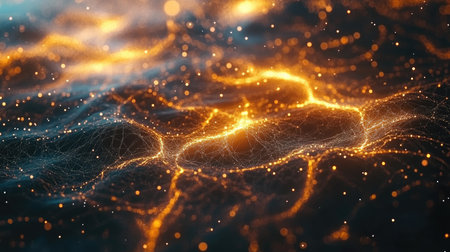 Explore an abstract representation of a neural network in virtual cyberspace, showcasing dynamic light patterns and intricate connections that evoke a sense of innovation and technology.の素材