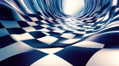 A dynamic and vibrant abstract scene featuring a distorted chessboard pattern. Waves create flowing lines, inviting viewers into a mesmerizing visual experience.の素材