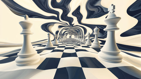 Explore a captivating abstract scene featuring a chessboard pattern seamlessly blending with wavy distortions, creating a unique visual illusion of depth and movement.の素材