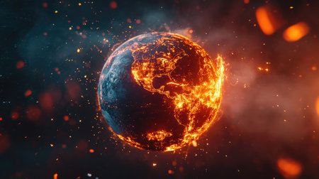A captivating depiction of planet Earth engulfed in fiery chaos, showcasing a vibrant explosion of color and energy set against a cosmic backdrop.の素材
