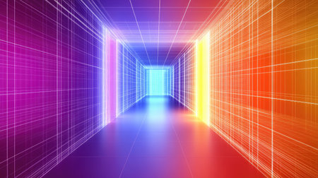 An abstract corridor illuminated by vibrant colors and light effects creates a stunning digital art piece. Perfect for technology and design themes.の素材