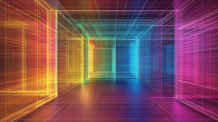 A vibrant and colorful abstract representation of a neon grid room with depth and perspective, showcasing glowing lines and a futuristic design. Perfect for technology-themed projects.の素材