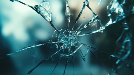 Close-up view of shattered glass showcasing intricate details and reflections. The fragmented shards create an abstract design with a visually striking effect.の素材