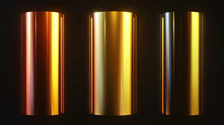 This stock photo features three metallic cylinders in warm tones of gold, orange, and yellow. The reflective surfaces create a striking visual effect, ideal for design and promotional projects.の素材