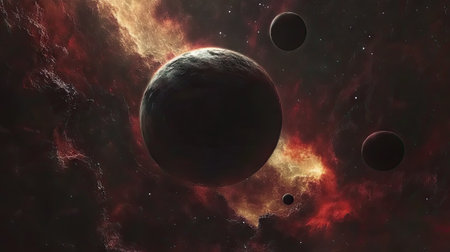 A captivating cosmic scene featuring dark planets surrounded by vibrant nebulae and starry backgrounds, evoking a sense of wonder and exploration in the universe.の素材