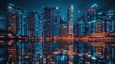 A stunning nighttime cityscape featuring modern skyscrapers illuminated by vibrant lights. The reflection in the water adds a serene touch to the urban scenery.の素材