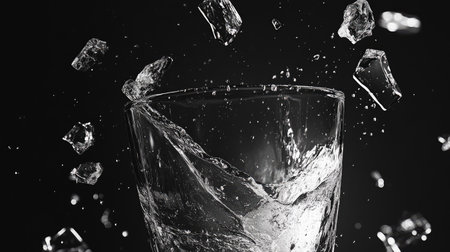 A captivating black and white image displaying a glass filled with splashing water and ice, creating a dynamic and refreshing scene. Perfect for beverage-related themes.の素材
