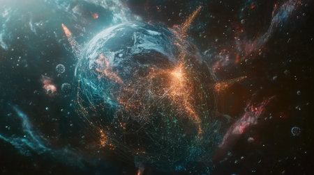 A captivating digital rendering of Earth surrounded by a vibrant cosmic network. This stunning imagery showcases the beauty and mystery of the universe, inviting exploration and imagination.の素材