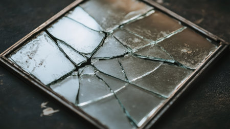 A close-up view of broken glass within a decorative frame. The shards reflect light and create an intriguing contrast against a dark surface, evoking emotions of chaos and fragility.の素材